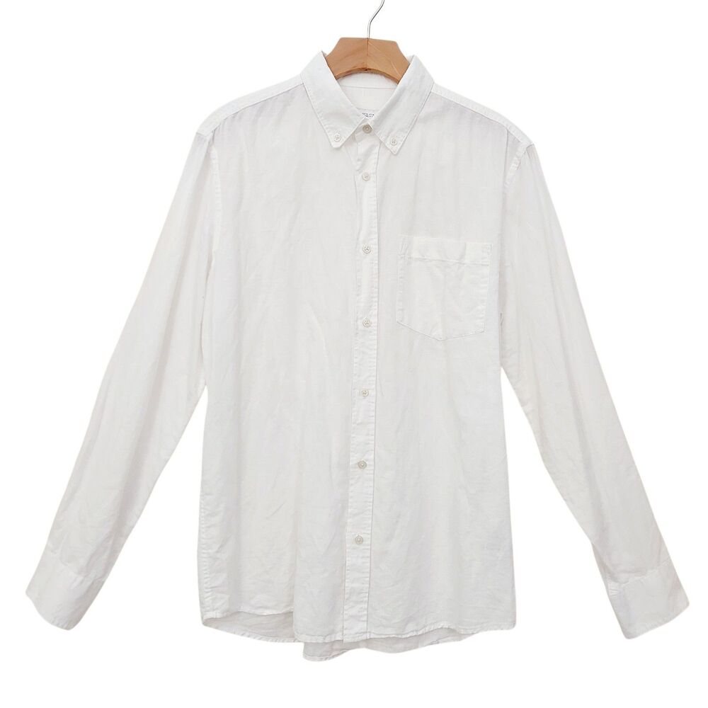 Zara Shirt Mens Medium White Cotton Linen Blend Coastal Casual Minimalist